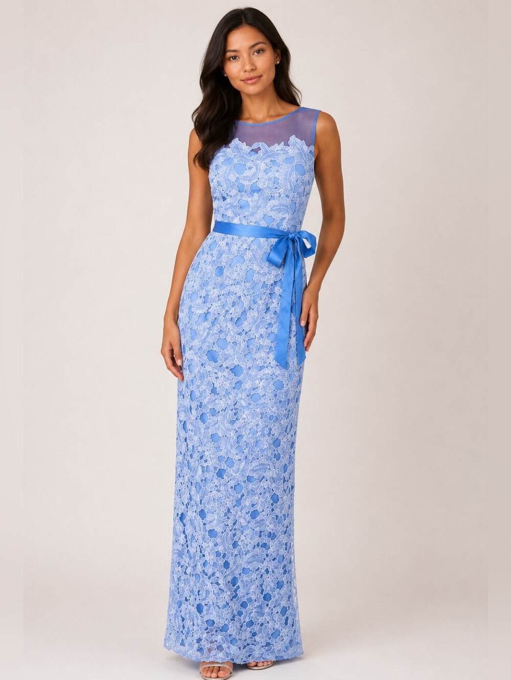 Adrianna Papell Light Blue Floral Lace Maxi Gown with Satin Sash